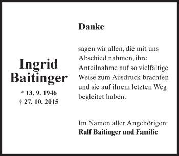 Traueranzeige von Ingrid Baitinger von  Allgemeine Zeitung Mainz