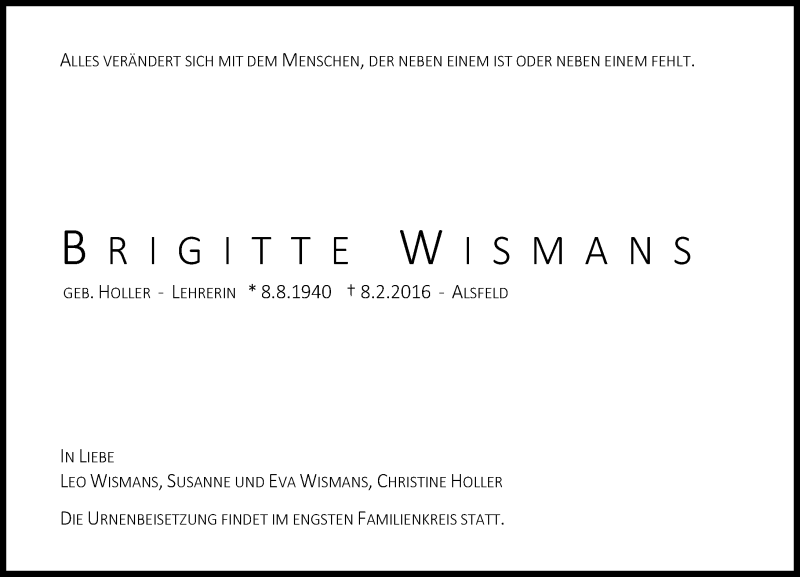  Traueranzeige für Brigitte Wismans vom 13.02.2016 aus  Oberhessische Zeitung