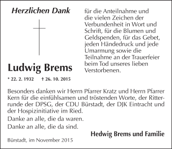 Traueranzeige von Ludwig Brems von  Bürstädter Zeitung