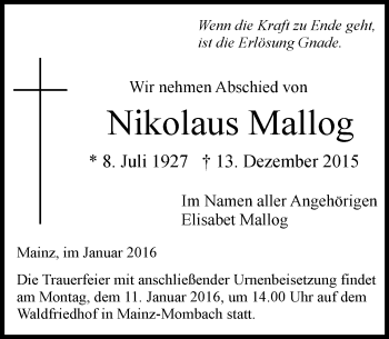 Traueranzeige von Nikolaus Mallog von  Allgemeine Zeitung Mainz