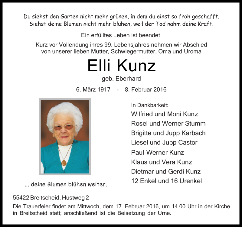  Traueranzeige für Elli Kunz vom 13.02.2016 aus  Allgemeine  Zeitung Ingelheim-Bingen