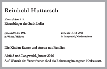 Traueranzeige von Reinhold Huttarsch von  Gießener Anzeiger