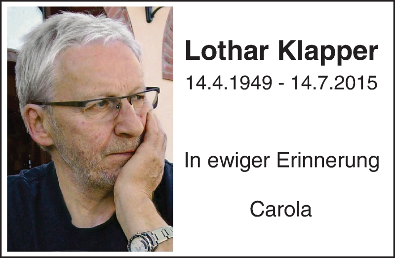  Traueranzeige für Lothar Klapper vom 14.07.2016 aus Trauerportal Echo Online