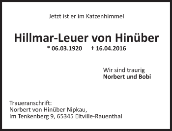 Traueranzeige von Hillmar-Leuer von Hinüber von  Rheingau