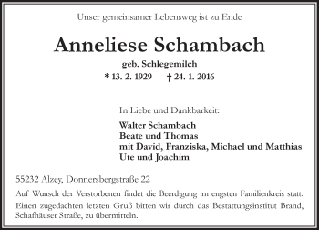 Traueranzeige von Anneliese Schambach von  Allgemeine Zeitung Alzey