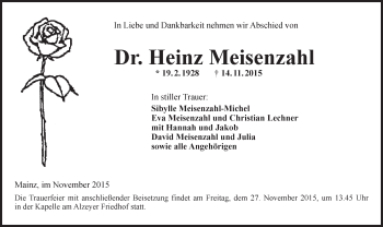 Traueranzeige von Heinz Meisenzahl von  Allgemeine Zeitung Mainz