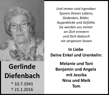 Traueranzeige von Gerlinde Diefenbach von  WK-UTA/Aar-Bote