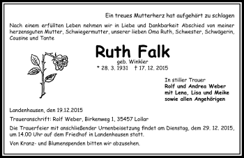 Traueranzeige von Ruth Falk von VRM Trauer