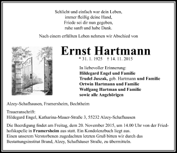 Traueranzeige von Ernst Hartmann von  Allgemeine Zeitung Alzey