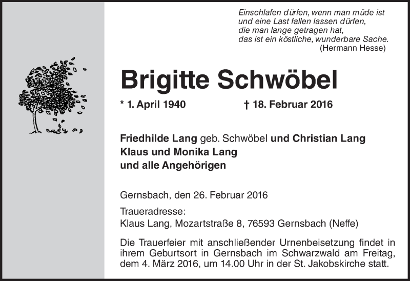  Traueranzeige für Brigitte Schwöbel vom 27.02.2016 aus  Wiesbaden komplett