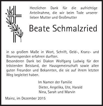 Traueranzeige von Beate Schmalzried von  Allgemeine Zeitung Mainz
