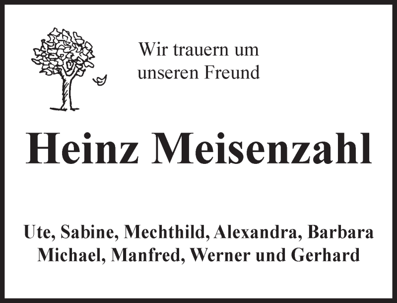  Traueranzeige für Heinz Meisenzahl vom 21.11.2015 aus  Allgemeine Zeitung Mainz