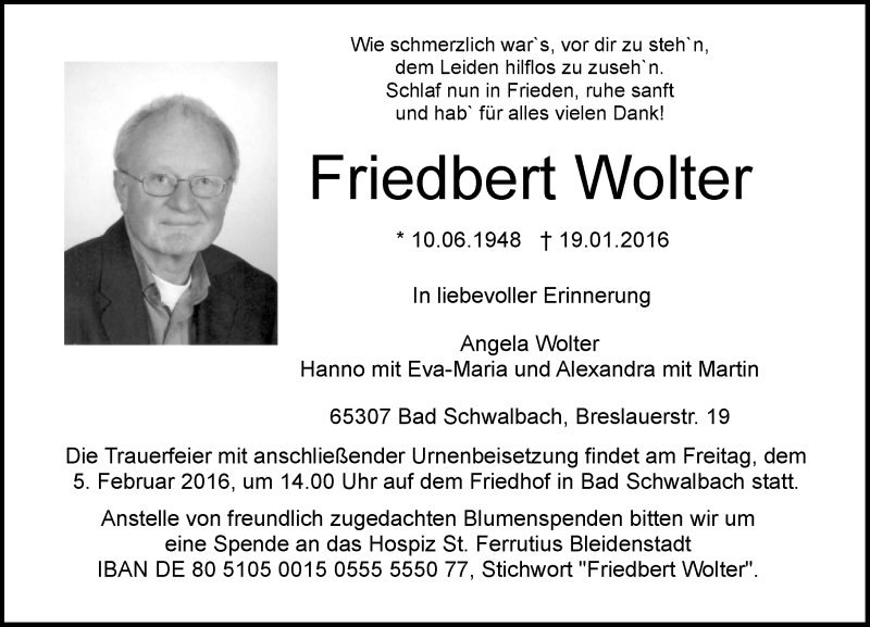  Traueranzeige für Friedbert Wolter vom 30.01.2016 aus  WK-UTA/Aar-Bote