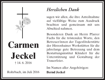 Traueranzeige von Carmen Jeckel von  Sonntags Anzeiger