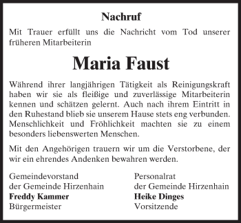 Traueranzeige von Maria Faust von  Gederner Stadtnachrichten