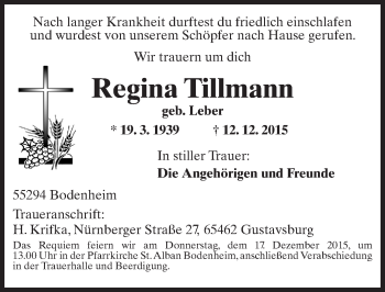 Traueranzeige von Regina Tillmann von  Allgemeine Zeitung Mainz