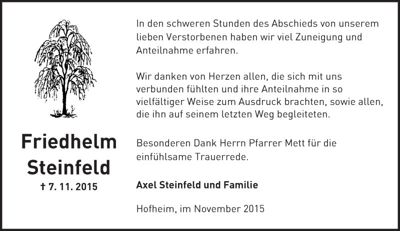  Traueranzeige für Friedhelm Steinfeld vom 21.11.2015 aus  Bürstädter Zeitung