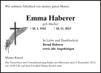 Traueranzeige von Emma Haberer von  Allgemeine Zeitung Mainz