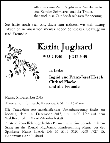 Traueranzeige von Karin Jughard von  Allgemeine Zeitung Mainz