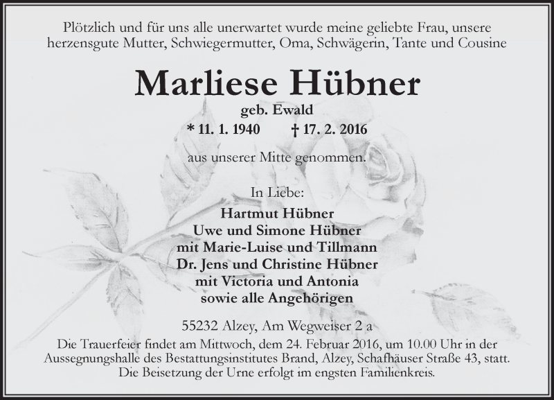  Traueranzeige für Marliese Hübner vom 19.02.2016 aus  Allgemeine Zeitung Alzey