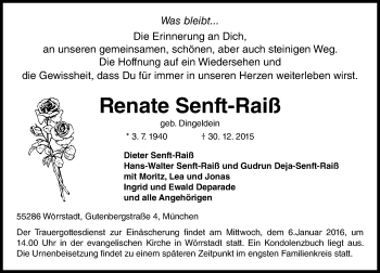 Traueranzeige von Renate Senft-Raiß von  Allgemeine Zeitung Alzey