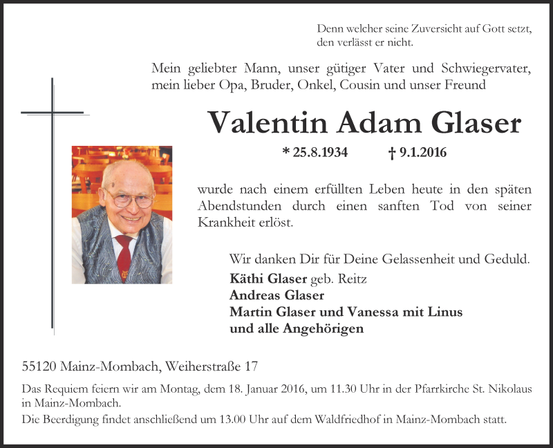  Traueranzeige für Valentin Adam Glaser vom 16.01.2016 aus  Allgemeine Zeitung Mainz