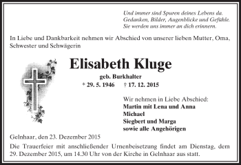 Traueranzeige von Elisabeth Kluge von  Kreisanzeiger