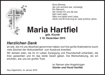 Traueranzeige von Maria Hartfiel von  Allgemeine  Zeitung Ingelheim-Bingen