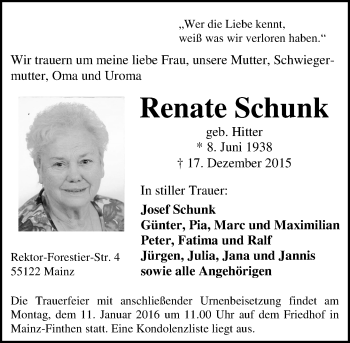 Traueranzeige von Renate Schunk von  Allgemeine Zeitung Mainz