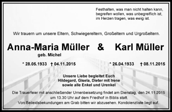 Traueranzeige von Anna-Maria und Karl Müller von  Wormser Zeitung