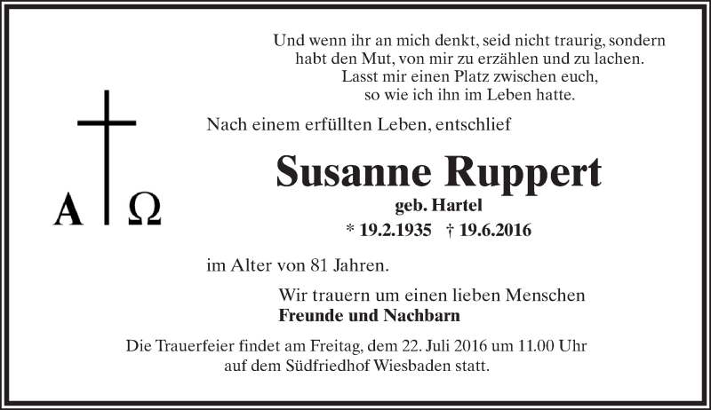  Traueranzeige für Susanne Ruppert vom 16.07.2016 aus Trauerportal Rhein Main Presse
