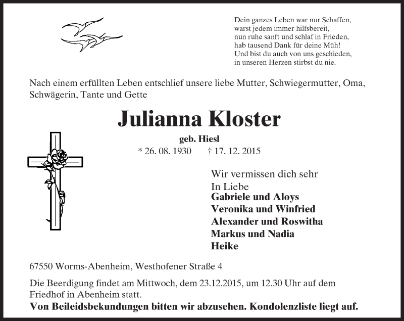  Traueranzeige für Julianna Kloster vom 19.12.2015 aus  Wormser Zeitung