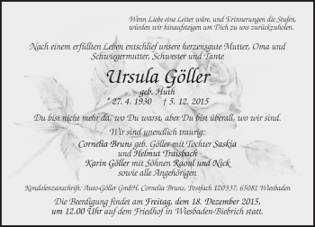 Traueranzeige von Ursula Göller von  Wiesbaden komplett
