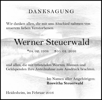 Traueranzeige von Werner Steuerwald von  Allgemeine  Zeitung Ingelheim-Bingen