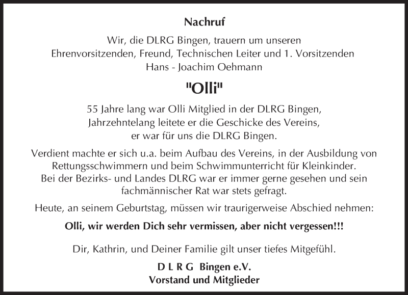  Traueranzeige für Hans-Joachim Oehmann vom 13.01.2016 aus trauer.rmp.de