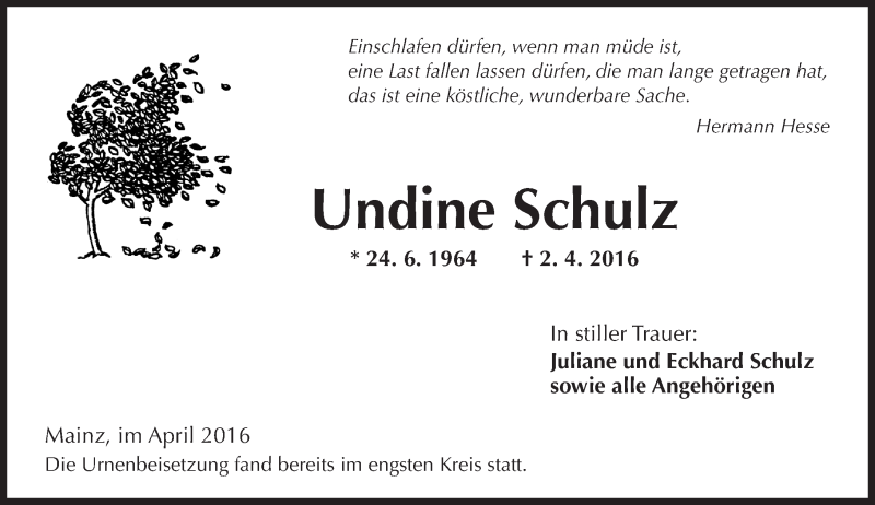  Traueranzeige für Undine Schulz vom 23.04.2016 aus  Allgemeine Zeitung Mainz