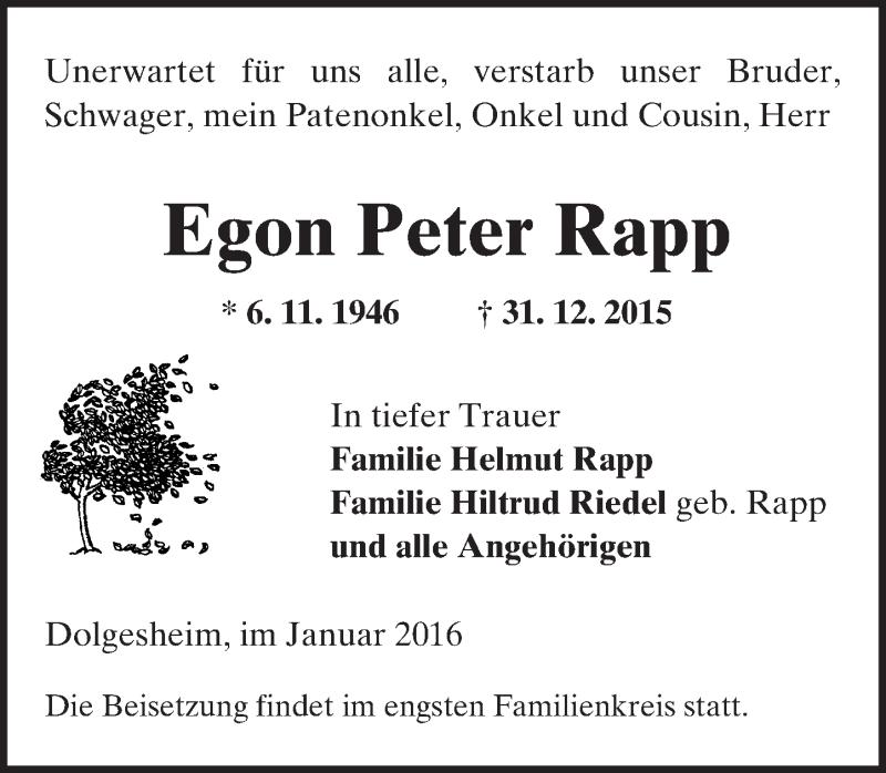  Traueranzeige für Egon Peter Rapp vom 06.01.2016 aus  Landskrone