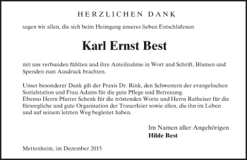 Traueranzeige von Karl Ernst Best von  Wormser Zeitung