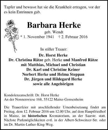 Traueranzeige von Barbara Herke von  Allgemeine Zeitung Mainz