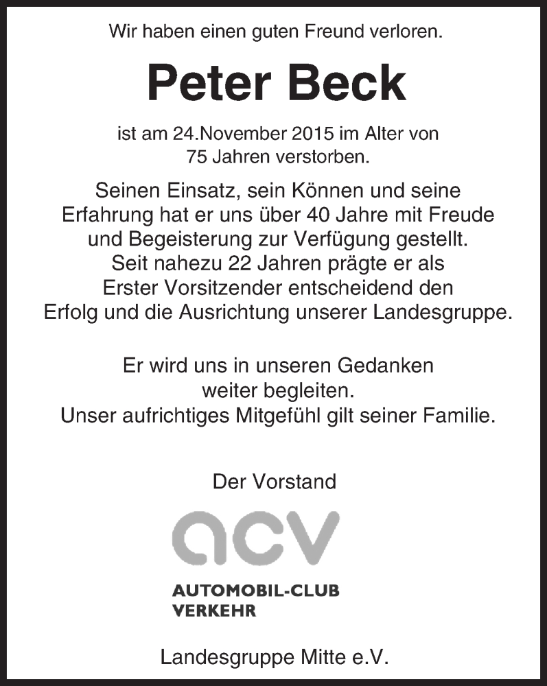  Traueranzeige für Peter Beck vom 05.12.2015 aus  Wiesbaden komplett