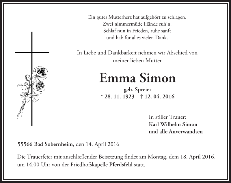  Traueranzeige für Emma Simon vom 14.04.2016 aus  Allg. Zeitung Bad Kreuznach