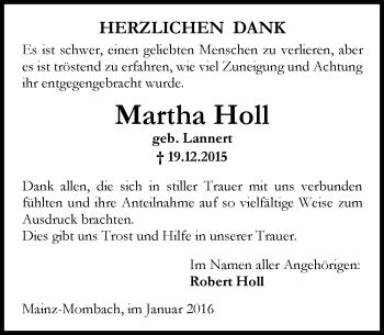 Traueranzeige von Martha Holl von  Allgemeine Zeitung Mainz
