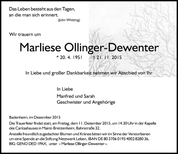 Traueranzeige von Marliese Ollinger-Dewenter von  Allg. Zeitung Bad Kreuznach