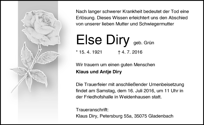  Traueranzeige für Else Diry vom 11.07.2016 aus Trauerportal Rhein Main Presse