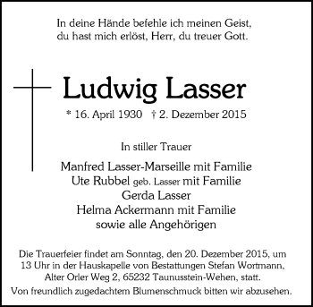 Traueranzeige von Ludwig Lasser von  Wiesbaden komplett