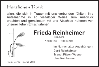 Traueranzeige von Frieda Reinheimer von Trauerportal Rhein Main Presse