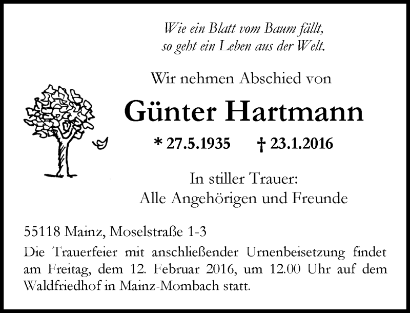  Traueranzeige für Günter Hartmann vom 06.02.2016 aus  Allgemeine Zeitung Mainz