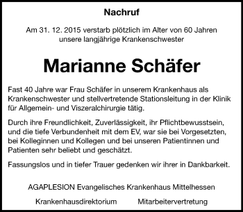 Traueranzeige von Marianne Schäfer von  Gießener Anzeiger