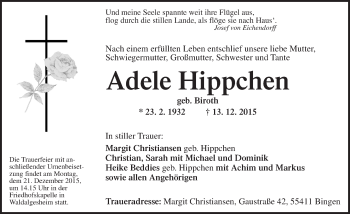 Traueranzeige von Adele Hippchen von  Allgemeine  Zeitung Ingelheim-Bingen
