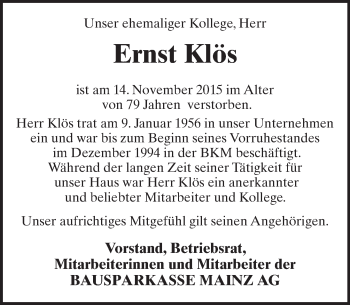 Traueranzeige von Ernst Klös von  Allgemeine  Zeitung Ingelheim-Bingen